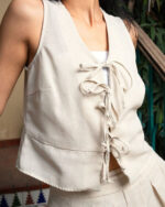 Beige Tied Up Linen Vest - Image 3