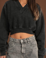 Black Cropped V-Neck Sweatshirt - Image 2