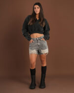 Black Cropped V-Neck Sweatshirt