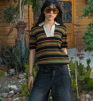 Black & Green Oversized Striped Polo