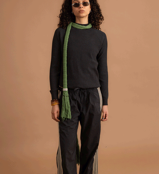 Deep Black Green Ribbed Mock Neck Top