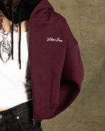 Deep Cherry Cropped Oversized Zip-Up Hoodie - Image 3