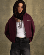 Deep Cherry Cropped Oversized Zip-Up Hoodie - Image 2
