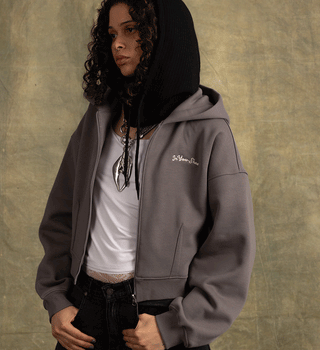 Grey Cropped Oversized Zip-Up Hoodie