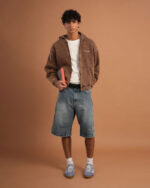 Khaki Washed Boxy Zip-Up Hoodie