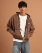 Khaki Washed Boxy Zip-Up Hoodie - Image 2