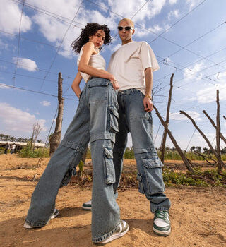 Male Wide-leg Light Blue Washed Cargo Jeans