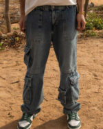 Male Wide-leg Light Blue Washed Cargo Jeans - Image 2