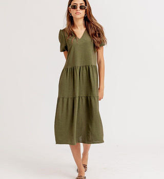 Olive Green Ruffled Midi Dress