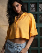 Pastel Orange Cropped Camp Shirt - Image 2