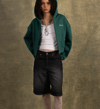 Green Cropped Oversized Zip-Up Hoodie