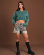 Teal Cropped V-Neck Sweatshirt