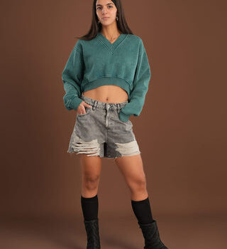 Teal Cropped V-Neck Sweatshirt
